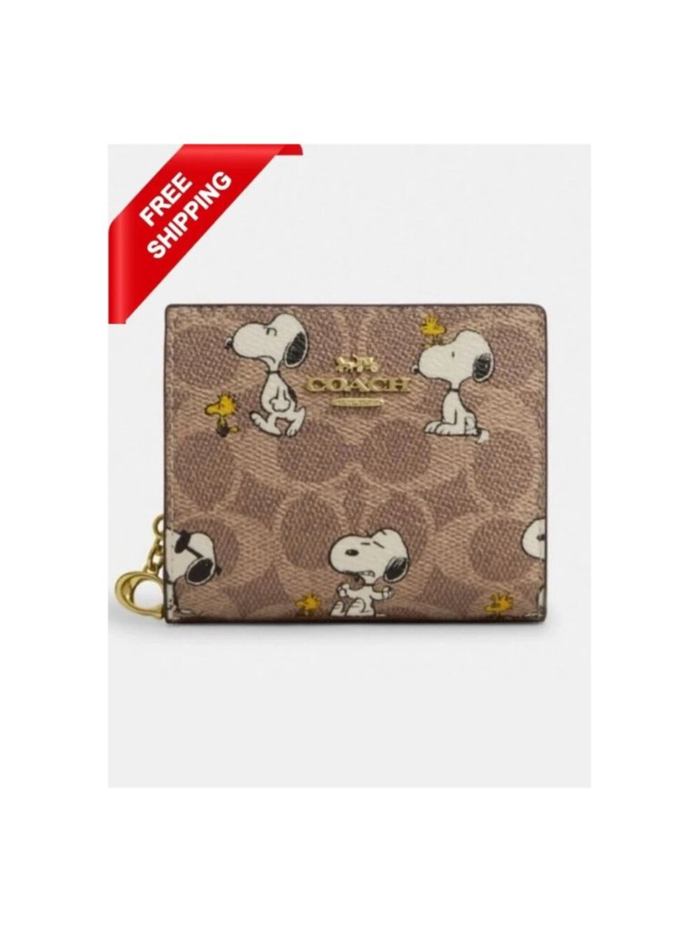 NWT Coach X Peanuts Snap Wallet In Signature Canvas With Snoopy Print CBN32 Tan